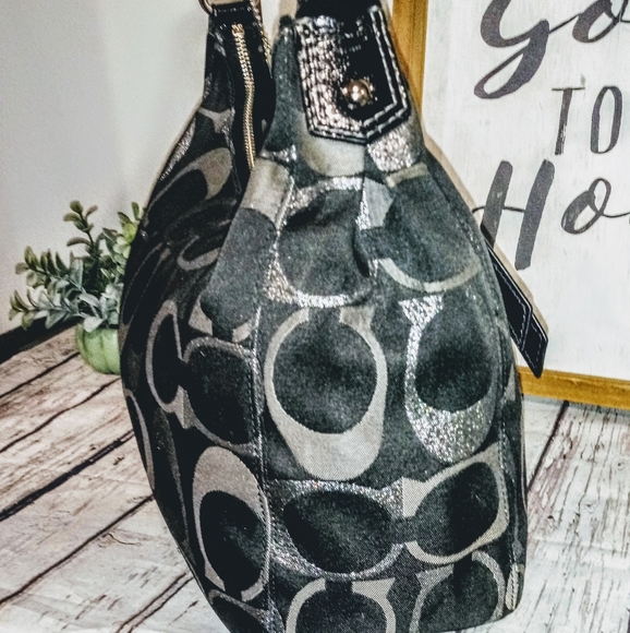 💎 Coach 3 Color Black Metallic Silver Signature Stripe Convertible Satchel Bag - Picture 6 of 12